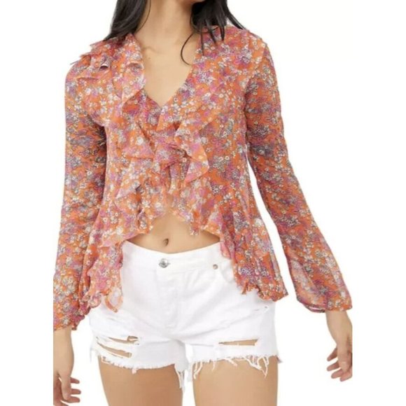 Free People Nina Floral Ruffled Blouse Tulips Ditsy - Picture 2 of 5